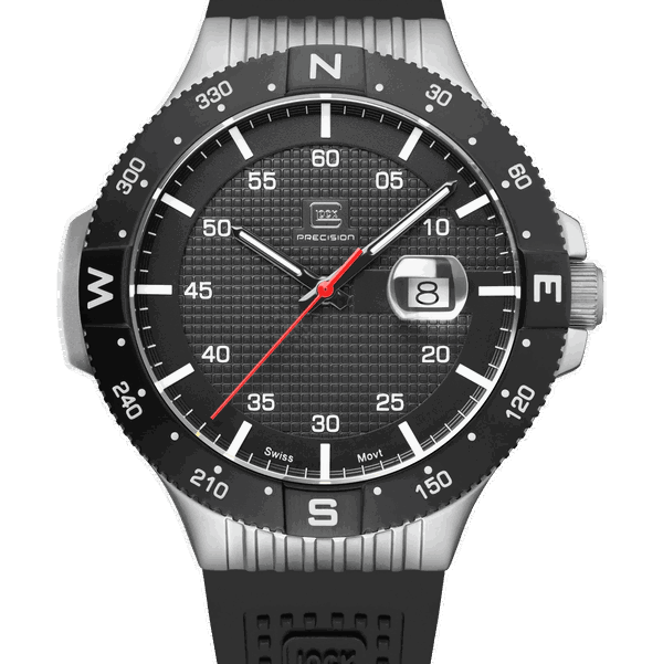 Closeup photo of GW-15-1-22 Glock Quartz Silver Tone Case Black Dial + Strap Watch