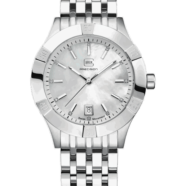 Closeup photo of GW-31-3-18 Glock Quartz MOP Dial Silver-Tone Strap
