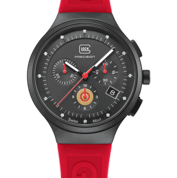 Closeup photo of GW-16-1-18 Glock Quartz Black Dial + Red Strap Watch