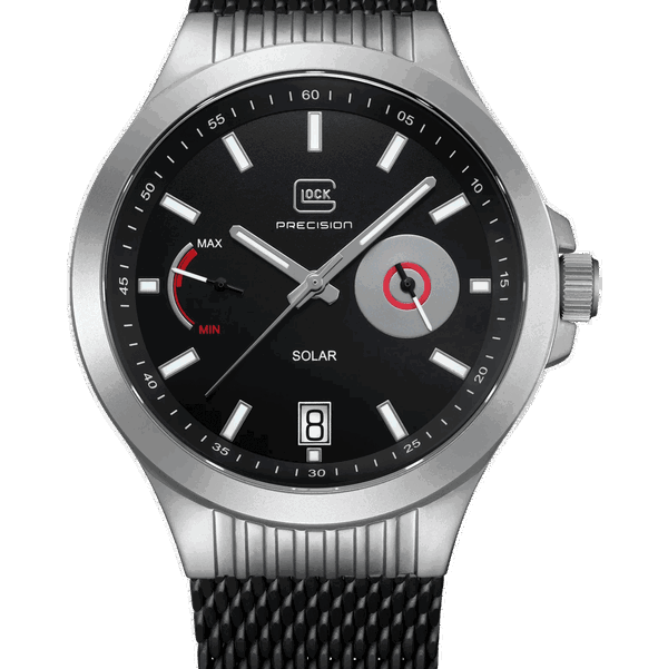Closeup photo of GW-19-2-22 Glock Solar Silver Tone Case Black Dial + Strap Watch