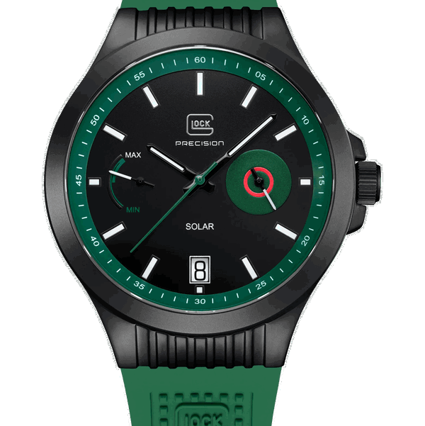 Closeup photo of GW-19-4-22 Glock Solar Black/Green Dial Green Strap Watch