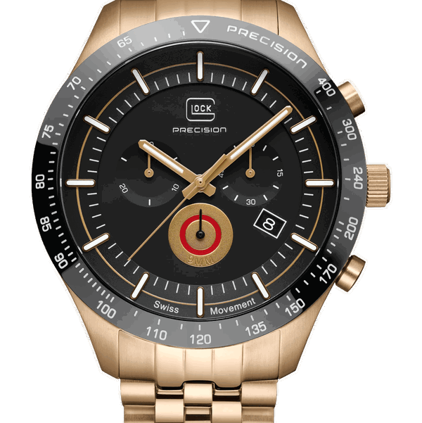 Closeup photo of GW-35-2-22 Glock Quartz Black Dial Coyote Tone Case + Strap Watch