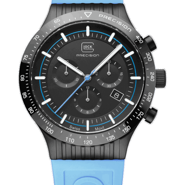 Closeup photo of GW-34-2-24 Glock Quartz Black Dial Light Blue Strap