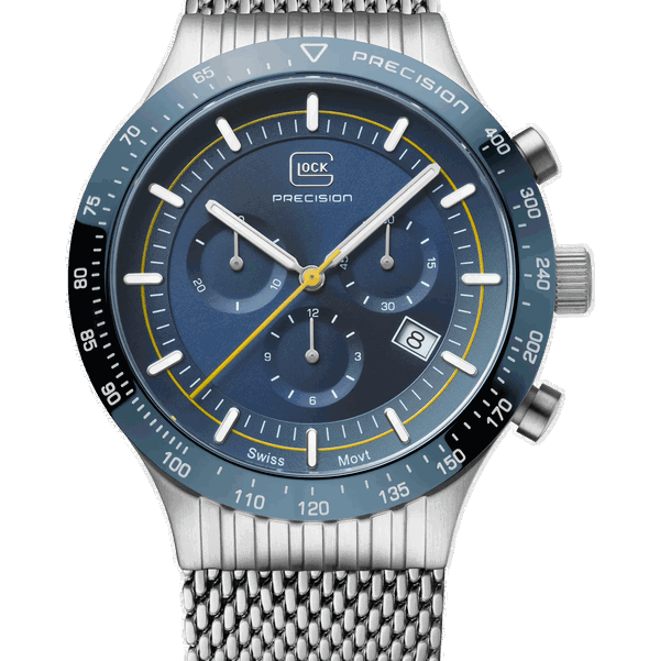 Closeup photo of GW-34-3-24 Glock Quartz Blue Dial Silver Tone Strap Watch