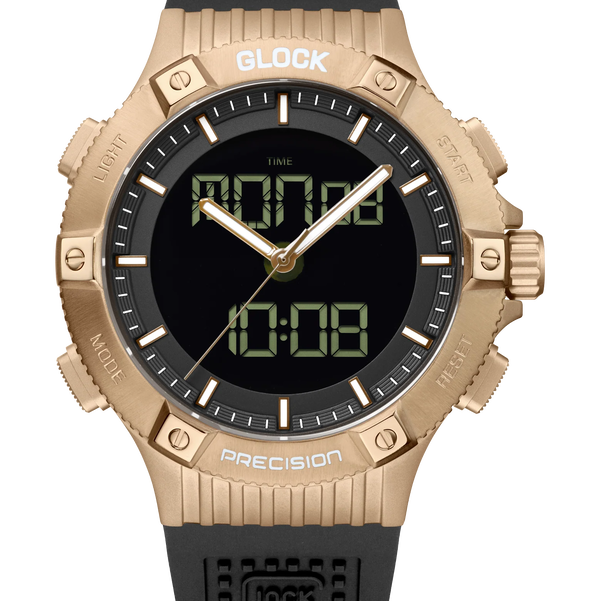 Closeup photo of GW-24-3-24 Glock Quartz Digital & Analog Coyote Case + Black Strap