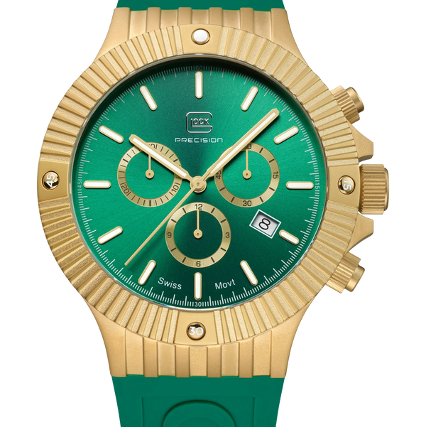 Closeup photo of GW-37-2-24 Glock Quartz Chrono Geen Dial + Strap