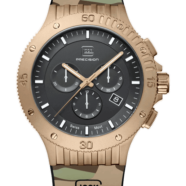 Closeup photo of GW-42-1-24-A Glock Quartz Black Dial Coyote Case + Camo Desert Strap