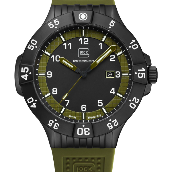 Closeup photo of GW-15-4-22 Glock Quartz Black/Green Dial + Army Green Strap Watch