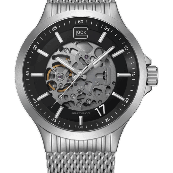 Closeup photo of GW-14-4-24 Glock Automatic Skeleton Dial Silver Tone Case + Strap Watch