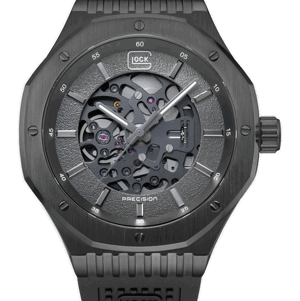 Closeup photo of GW-21-2-24 Glock Automatic Black Skeleton Dial + Strap