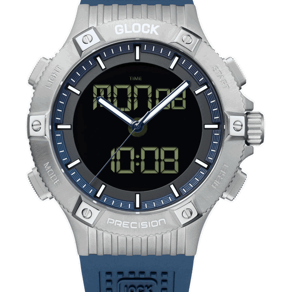 Closeup photo of GW-24-2-24 Glock Quartz Digital & Analog Silver Tone Case + Dark Blue Strap