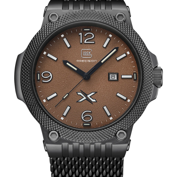 Closeup photo of GW-43-5-24 Glock Quartz Khaki Brown Dial + Black Strap