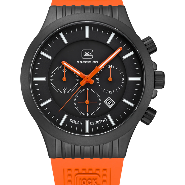 Closeup photo of GW-39-1-24 Glock Solar Black Dial + Orange Strap