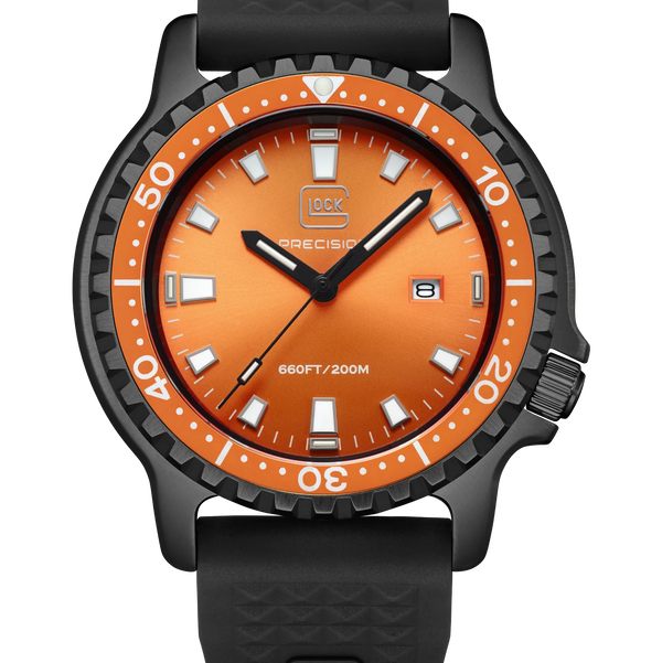 Closeup photo of GW-44-4-22 Glock Quartz Orange Dial Black Case + Strap