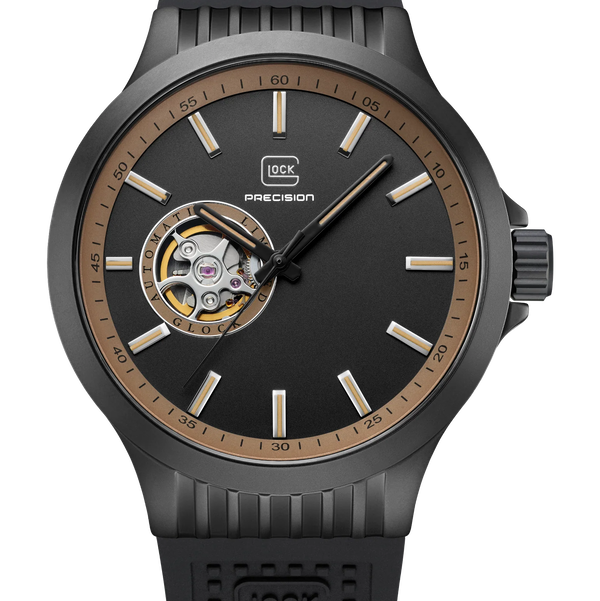 Closeup photo of GW-13-2-24 Glock Automatic Gunmetal Case Black Dial + Strap Watch