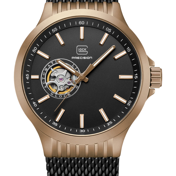 Closeup photo of GW-13-3-24 Glock Automatic Coyote Case Black Dial + Strap Watch