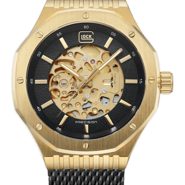 Closeup photo of GW-21-1-24 Glock Automatic Skeleton Dial Gold Case Black Strap Watch