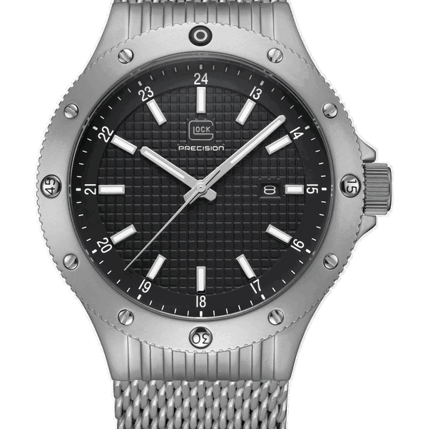 Closeup photo of GW-33-4-24 Glock Quartz Black Dial Silver Tone Case + Strap