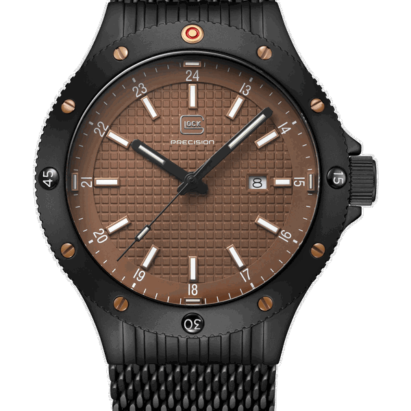 Closeup photo of GW-33-5-24 Glock Quartz Coyote Tone Dial Black Case + Strap