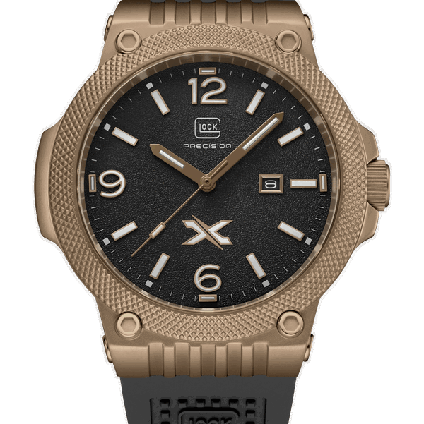 Closeup photo of GW-43-4-24 Glock Quartz Coyote Tone Case Black Dial + Strap