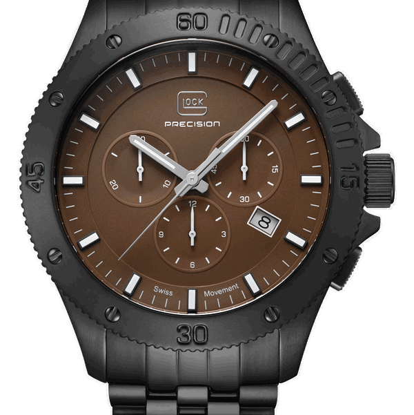 Closeup photo of GW-42-3-22 Glock Quartz Chrono Brown Dial Black Case + Strap