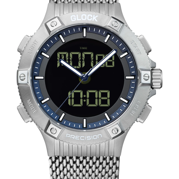 Closeup photo of GW-24-2-24-A Glock Quartz Digital & Analog Silver Tone Case + Strap