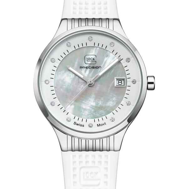 Closeup photo of GW-28-1-18-A Glock Quartz MOP Dial + White Strap
