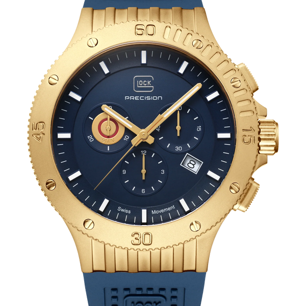 Closeup photo of GW-42-4-24 Glock Quartz Chrono Gold Tone Case Blue Dial + Strap