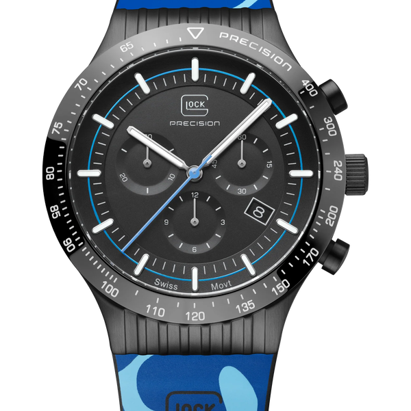 Closeup photo of GW-34-2-24-A Glock Quartz Black Dial + Camo Navy Strap