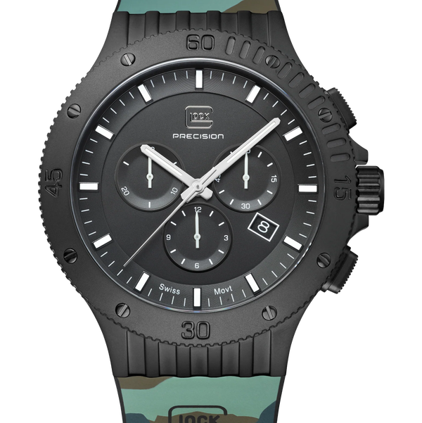Closeup photo of GW-42-2-24-A Glock Quartz Black Dial + Camo Forest Strap