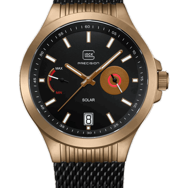 Closeup photo of GW-19-3-22 Glock Solar Black Dial Coyote Case Black Strap Watch