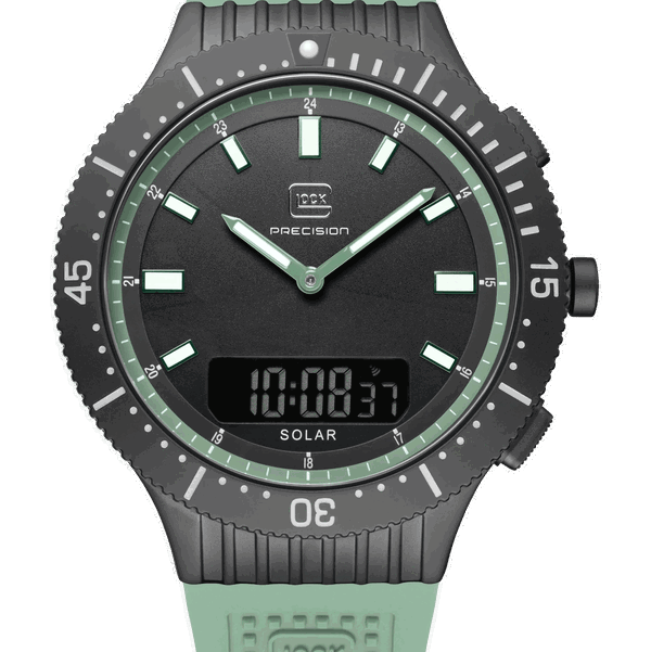 Closeup photo of GW-40-2-24 Glock Solar Digital & Analog Black & Green Dial Mint Green Strap Watch