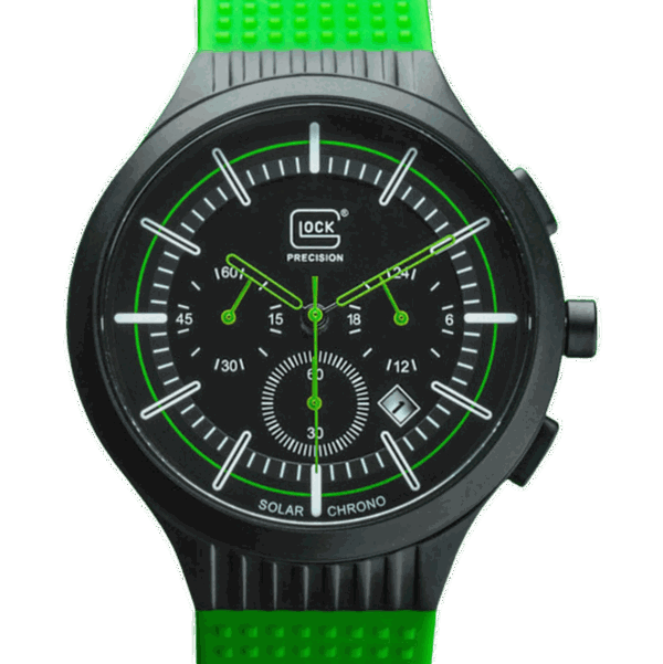Closeup photo of GWC-0001 Glock Solar Chrono Titanium Case Black Dial + Green Strap