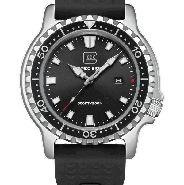 Closeup photo of GW-44-2-22 Glock Quartz Silver Tone Case Black Dial + Strap