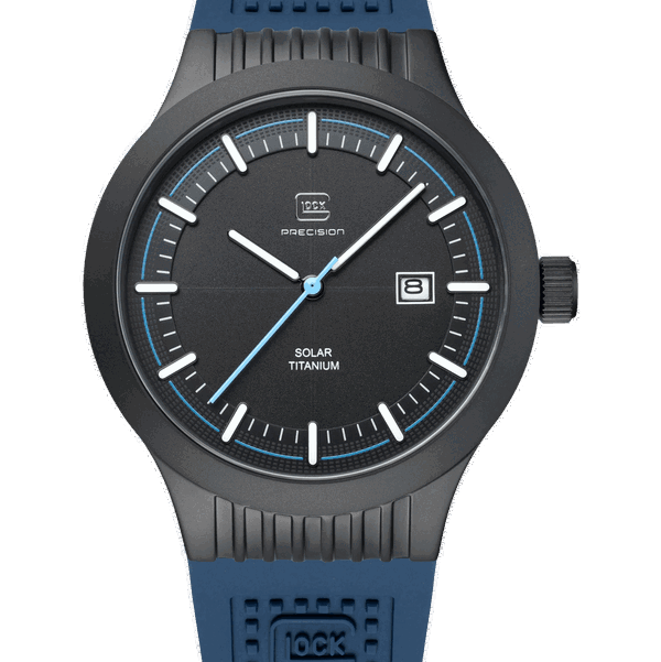 Closeup photo of GW-6-1-22-B Glock Solar Titanium Case Black Dial + Blue Strap