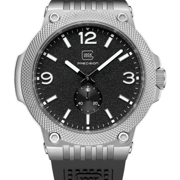 Closeup photo of GW-43-1-24 Glock Quartz Silver Tone Case Black Dial + Strap