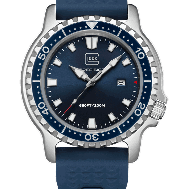 Closeup photo of GW-44-1-22 Glock Quartz Silver Tone Case Blue Dial + Strap