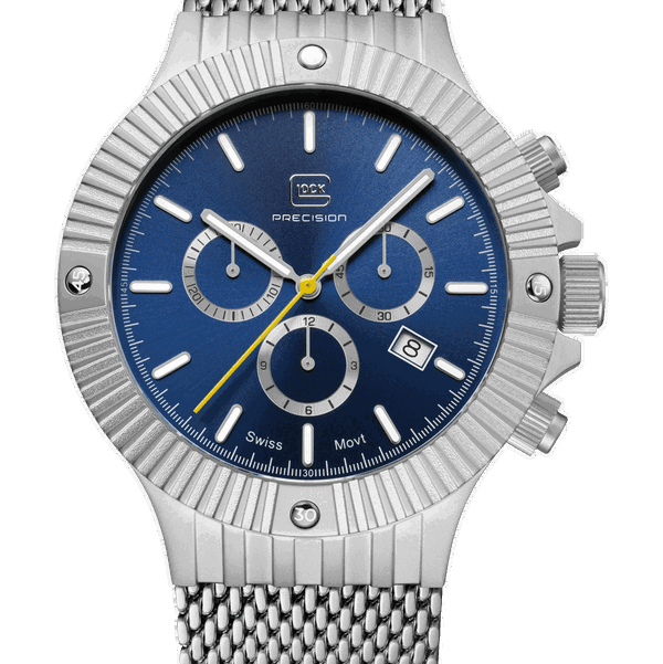 Closeup photo of GW-37-1-24-A Glock Quartz Chrono Blue Dial Silver Tone Case + Strap