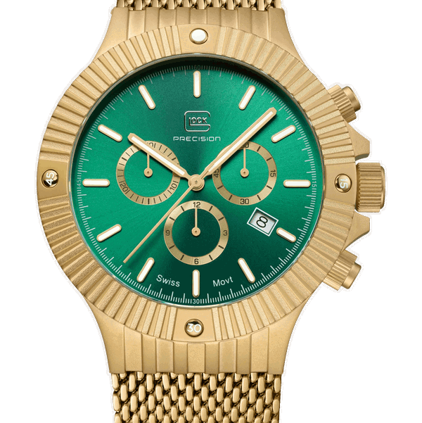 Closeup photo of GW-37-2-24-A Glock Quartz Chrono Green Dial Gold Tone Watch