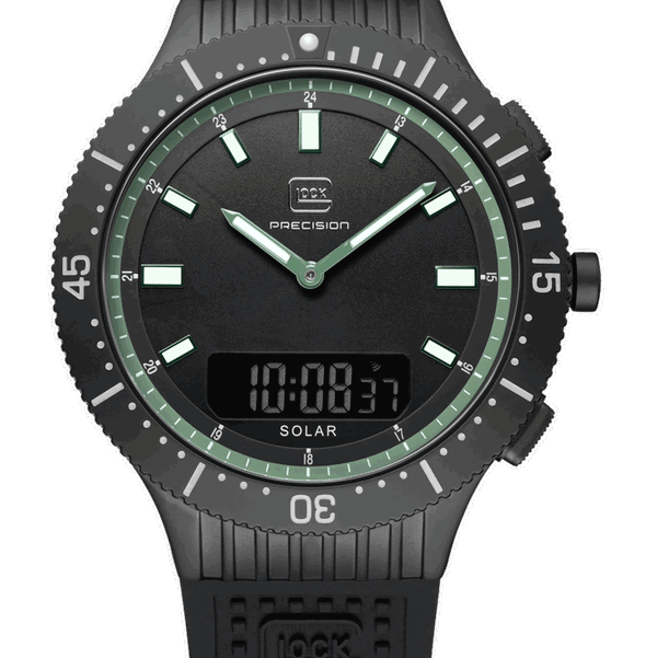 Closeup photo of GW-40-2-24-A Glock Solar Digital & Analog Black-Green Dial + Strap