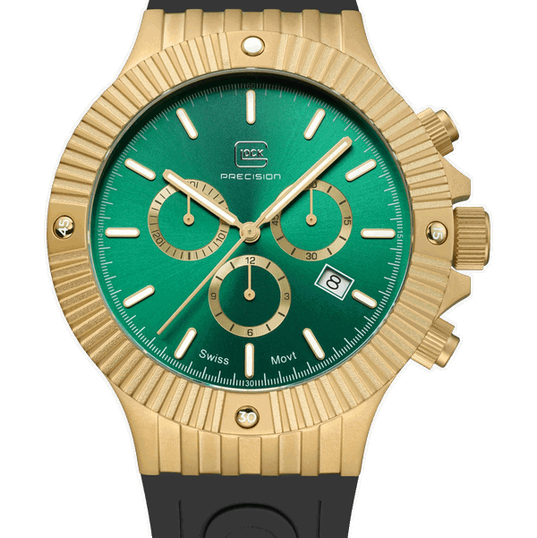 Closeup photo of GW-37-3-24 Glock Quartz Green Dial Gold Tone Case Black Strap Watch