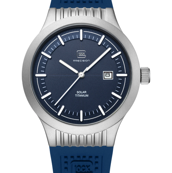 Closeup photo of GW-6-2-22-A Glock Solar Titanium Case Blue Dial + Strap