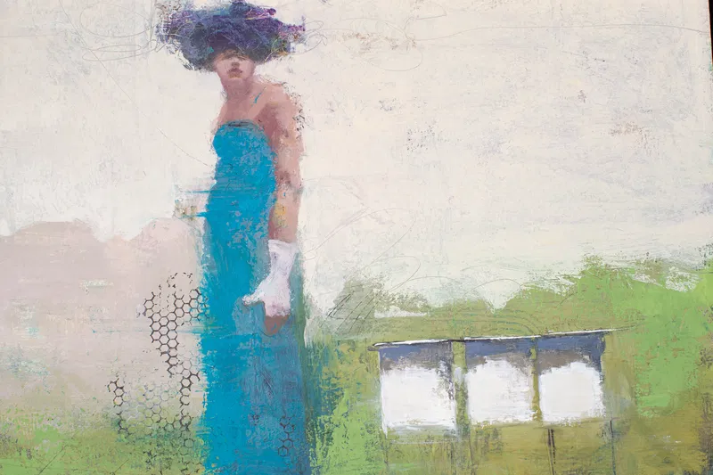 Figurative painting of a woman in a teal dress