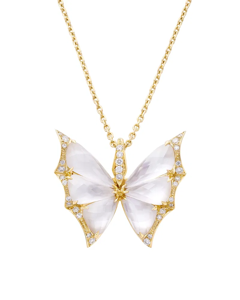 Gold butterfly pendant with mother-of-pearl wings and diamonds