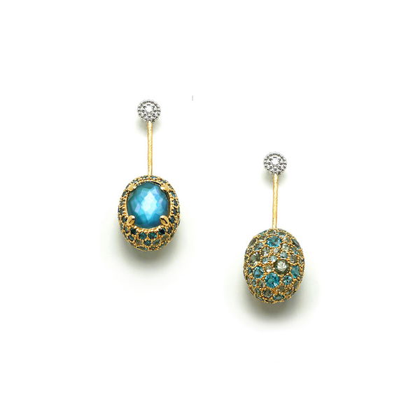 Closeup photo of Dancing in the Rain Reverse London Blue Topaz and Multi-Gemstone Medium Earrings in 18kt Yellow Gold