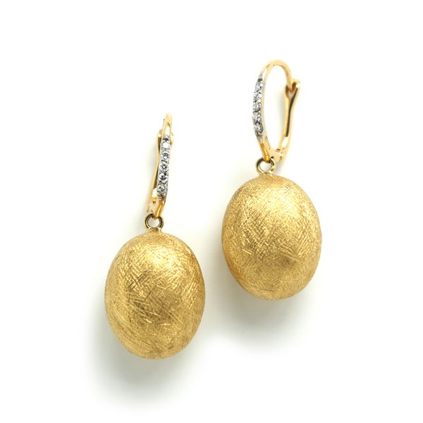 Closeup photo of Dancing in the Rain Gold Ciliegine Medium Boule Drop Earrings with Diamonds in 18kt Yellow Gold