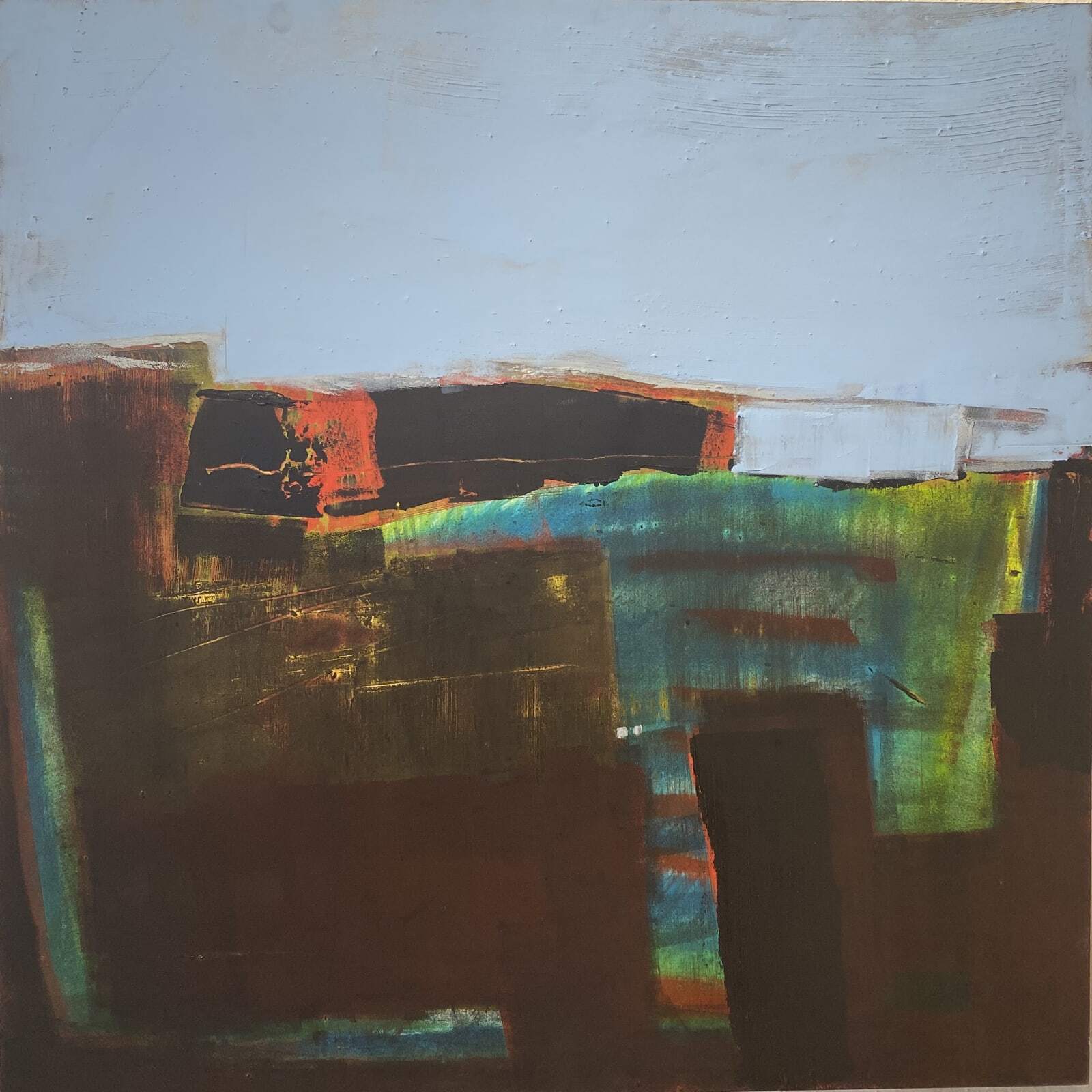 This visually striking wall art by Tom Friese is comprised of oil and cold wax. Part of the artist's Road Trip series, The Canyon II is an abstract work inspired by the landscape, offering the viewer a look through a different lens. The Canyon II