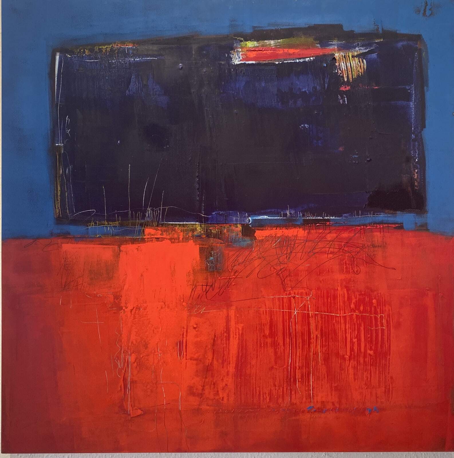 This beautiful wall art by Tom Friese is comprised of oil and cold wax. Part of the artist's Road Trip series, Night Sky Out the Window is an abstract work inspired by the landscape, offering the viewer a look through a different lens. Night Sky Out The Window