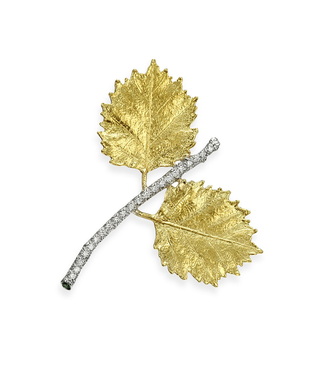 2 Poplar Leaves Brooch on Diamond Branch with Green Sapphires in 19kt Yellow Gold