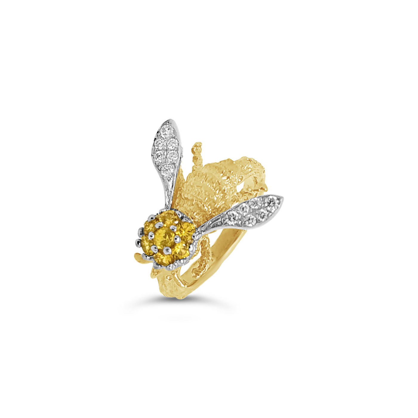 Abstract Bee Ring on Arbor Band with Yellow Sapphires and Diamonds in 19kt Yellow Gold
